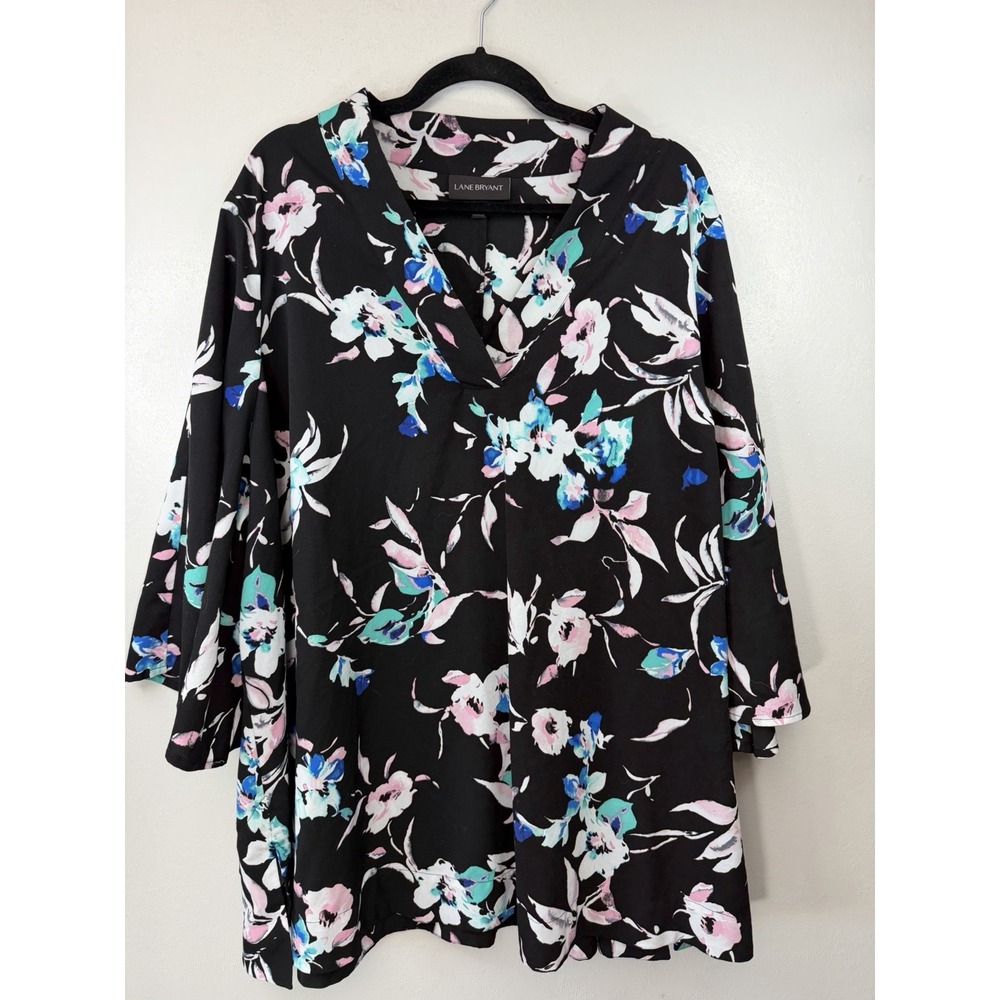 Lane‎ Bryant Plus Size Black Floral V Neck Blouse With Kimono Sleeve Size 22/24